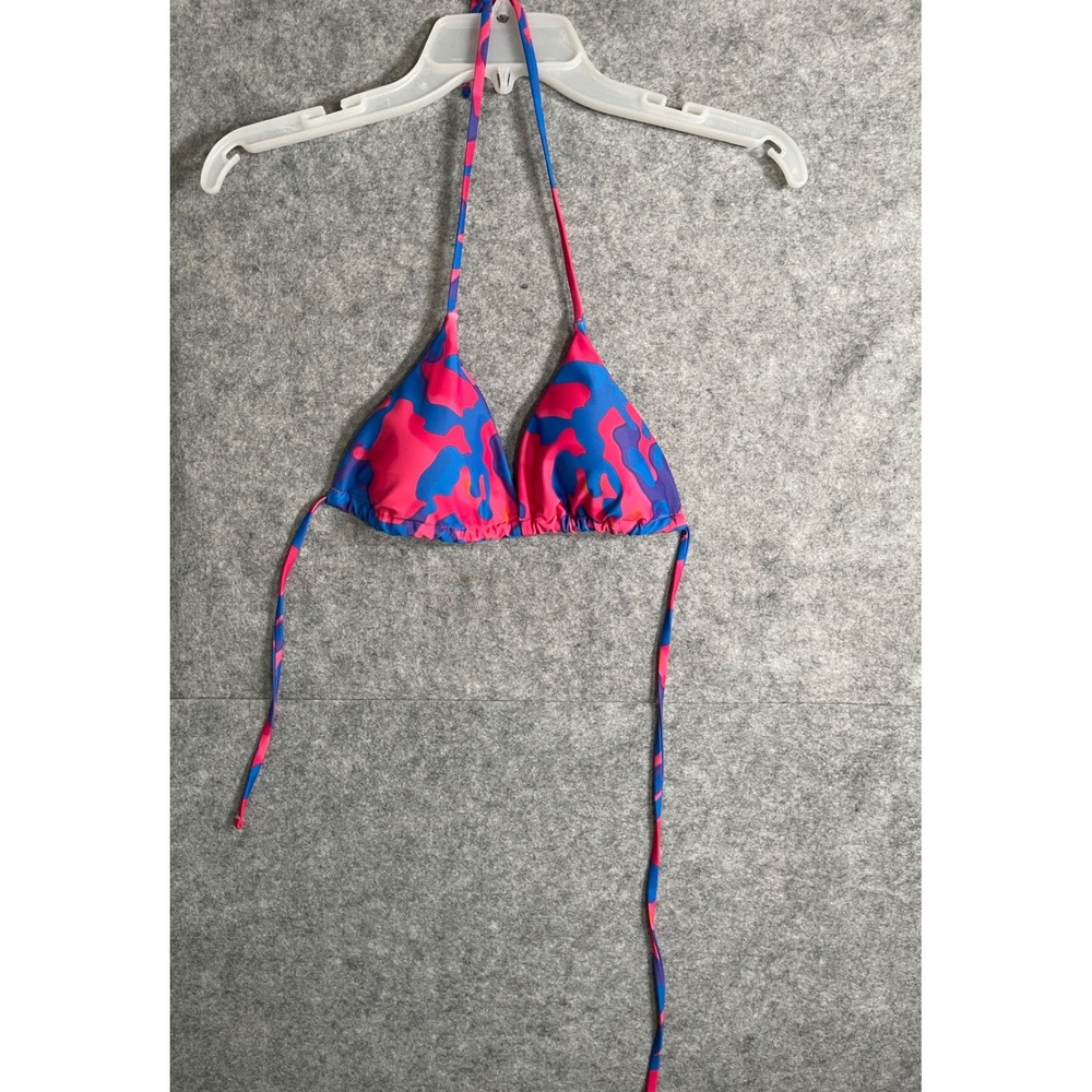Pink Blue Abstract Camo Triangle Bikini Top Halter Swimwear Medium